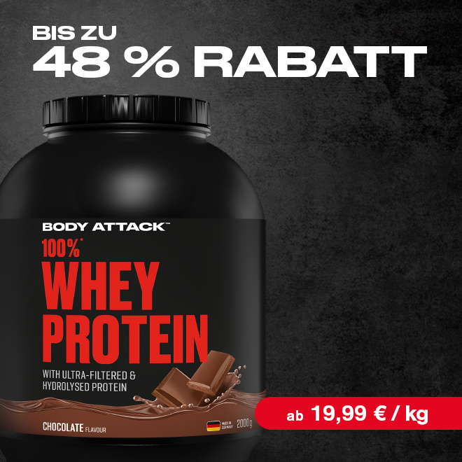 100% Whey Protein Dose mit der Aufschrift 48 % Rabatt