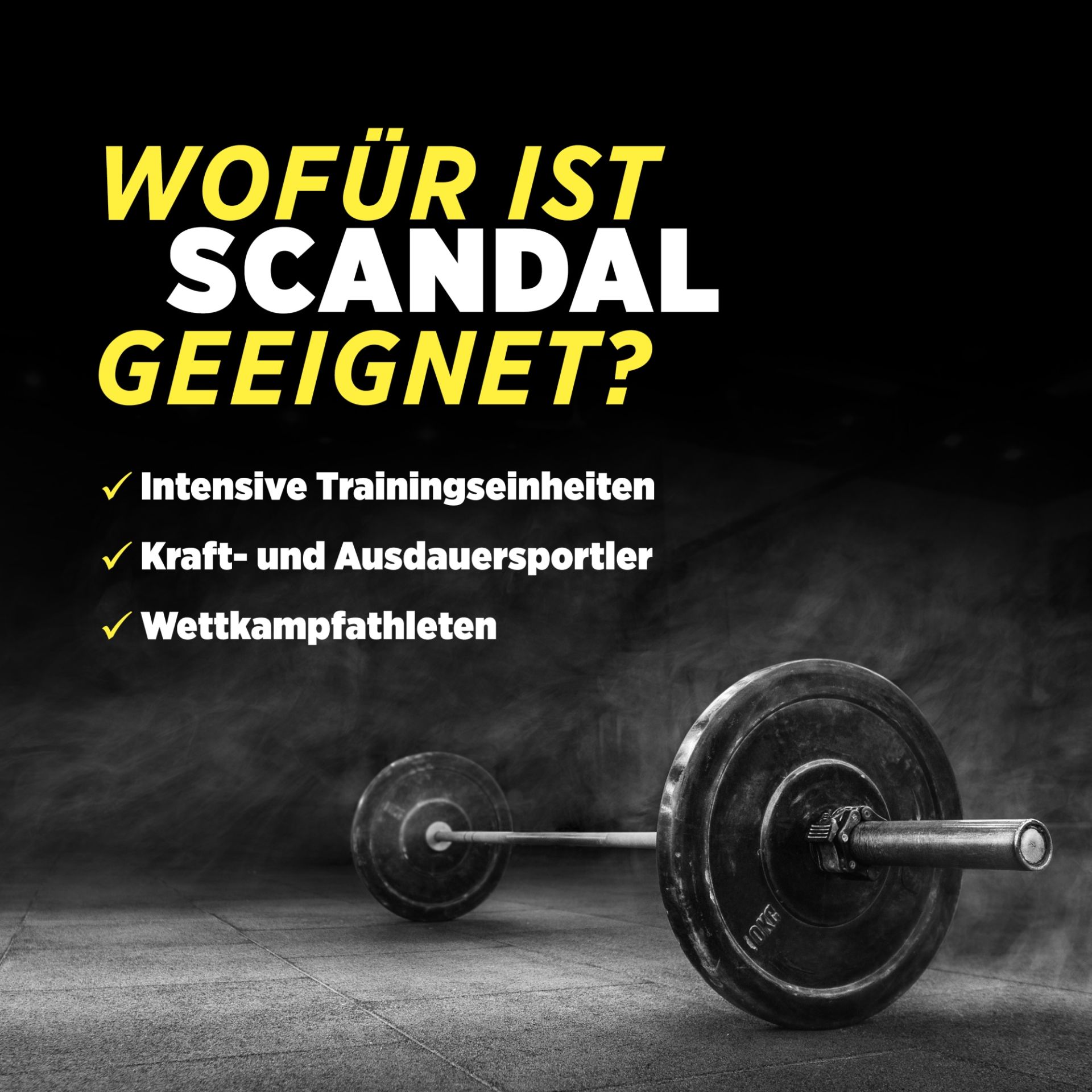 Extreme Muscle Boost Skandal Informationsbanner Eine Langhantel liegt im Hintergrund Scandal Booster Information