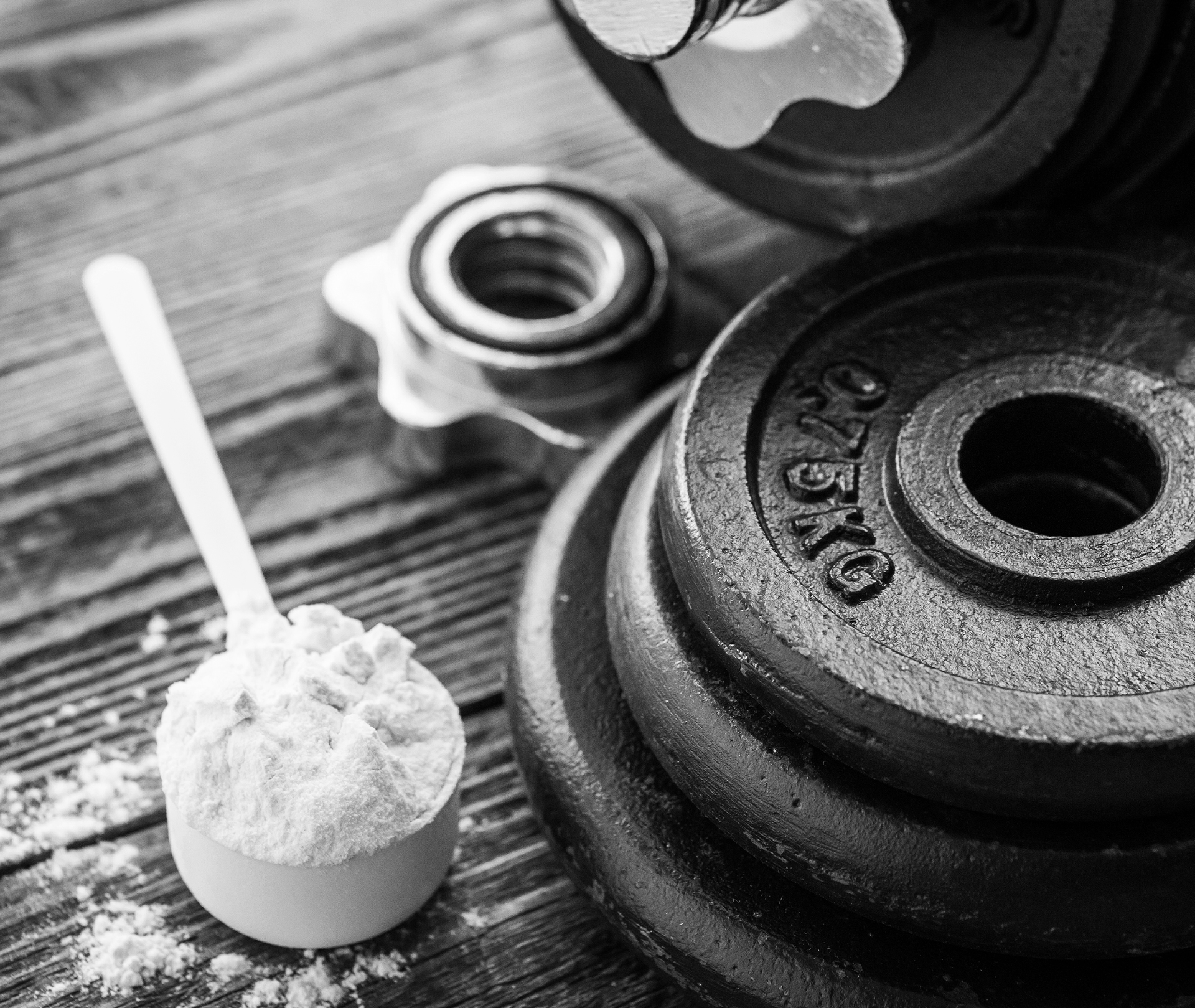 Protein Shakes zum Zunehmen: So einfach ist Masseaufbau Scoop mit Proteinpulver neben drei Hantelscheiben